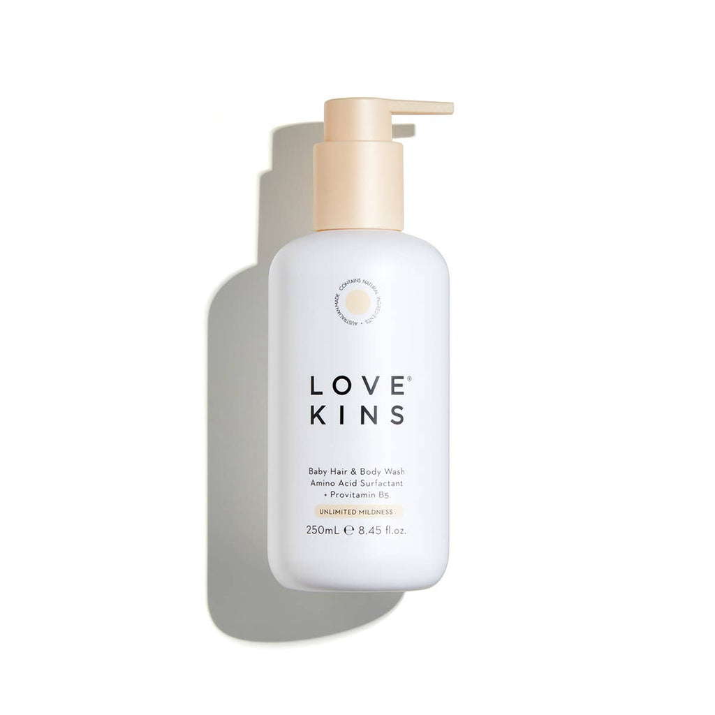 Love Kins baby hair and body wash bottle with pump on a white background